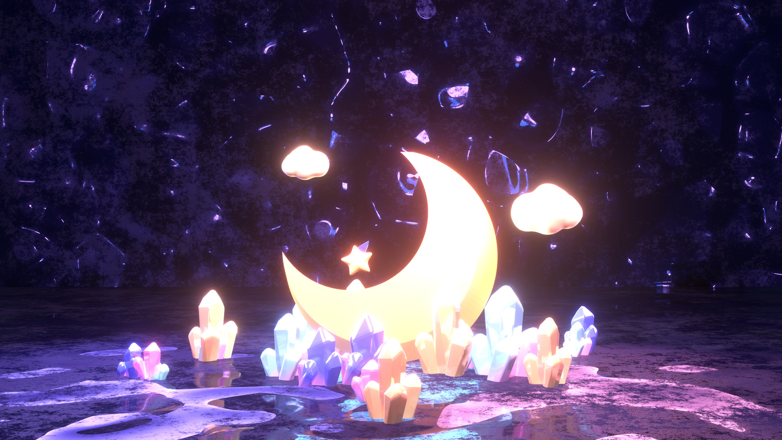 glowing crescent moon and crystal gemstones